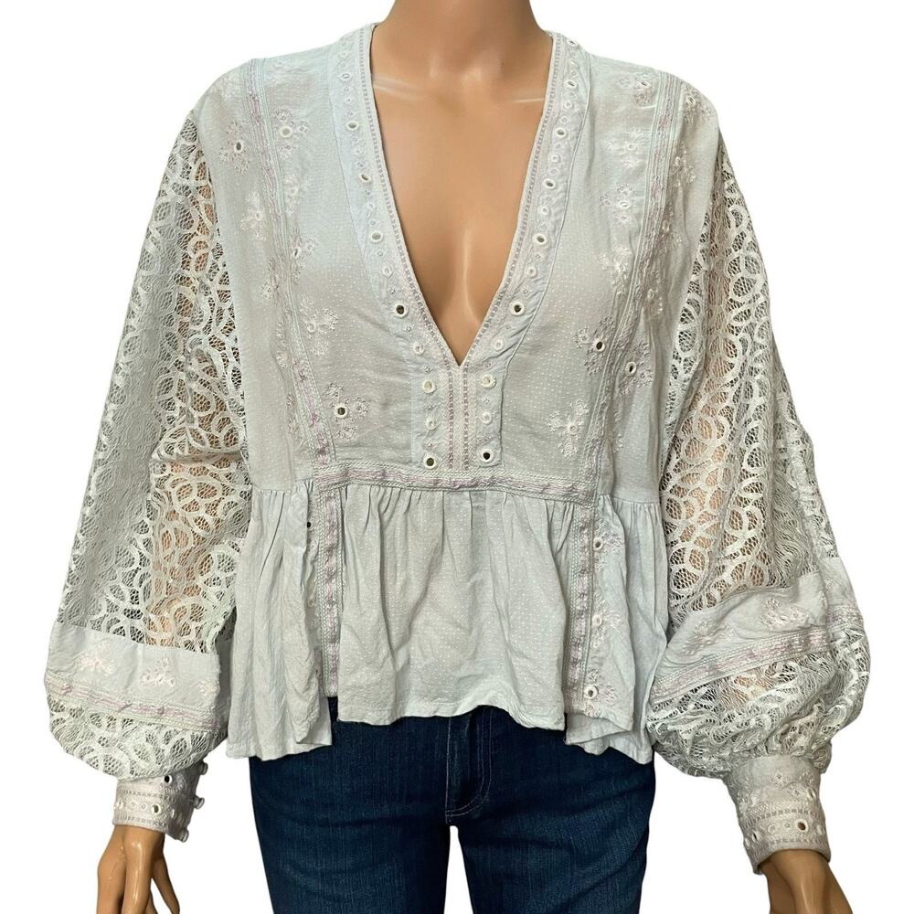 Free People Boogie All Night Peplum Top Small Balloon Sleeve Boho Hippie Woven